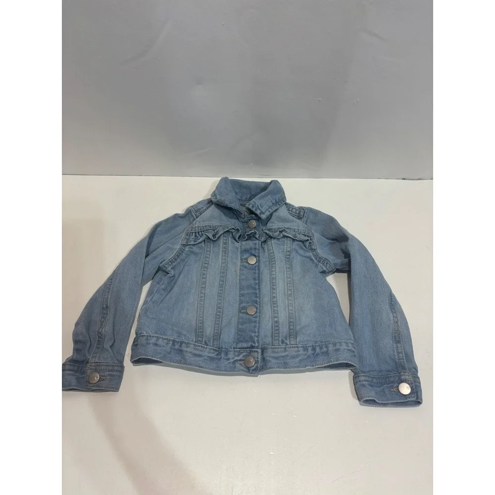 The Childrens Place Denim Jacket Kids 4T Light Wash Ruffle Heart Button Trim